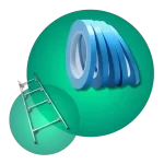 rollo de cinta adhesiva azul y escalera metálica para trabajos en altura