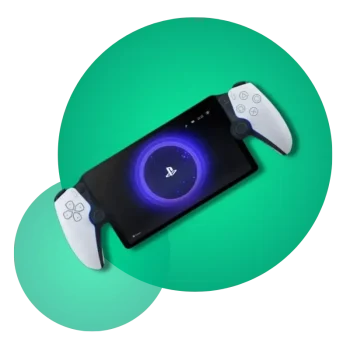 Imagen de una consola portátil de PS5 con controles integrados sobre un fondo verde