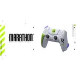 Controlador de juegos Marathon con diseño innovador y personalizable Imagen del controlador de juegos Marathon con detalles en verde y azul