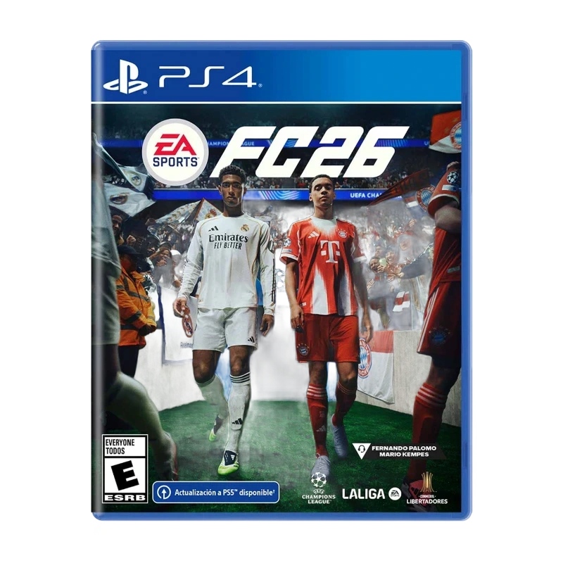 Caja del juego FC26 de EA Sports para PS4, con jugadores de fútbol en el campo
