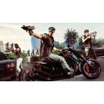 Grand Theft Auto V, juego de acción y aventuras con motocicletas y armas Jugadores de Grand Theft Auto V con armas y motocicletas en un entorno urbano