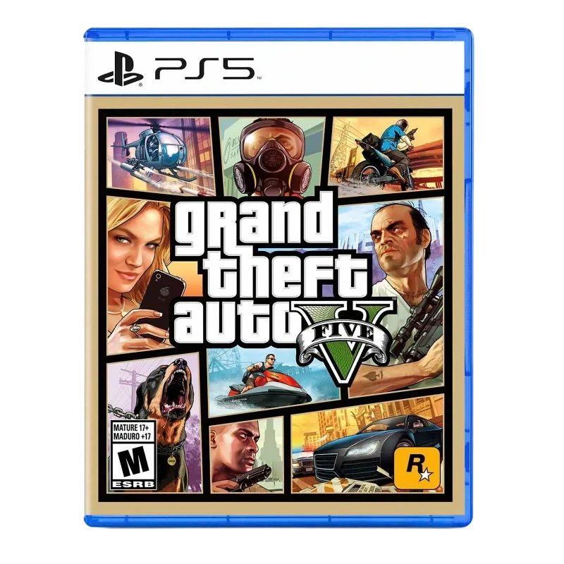 Grand Theft Auto V PS5 – juego de acción y aventuras para PlayStation 5 Caja de Grand Theft Auto V para PS5 con imágenes de personajes y vehículos
