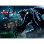 Spiderman vs Venom en la lluvia: Batalla épica en un estadio de fútbol americano Spiderman en acción contra Venom bajo la lluvia en un estadio de fútbol americano