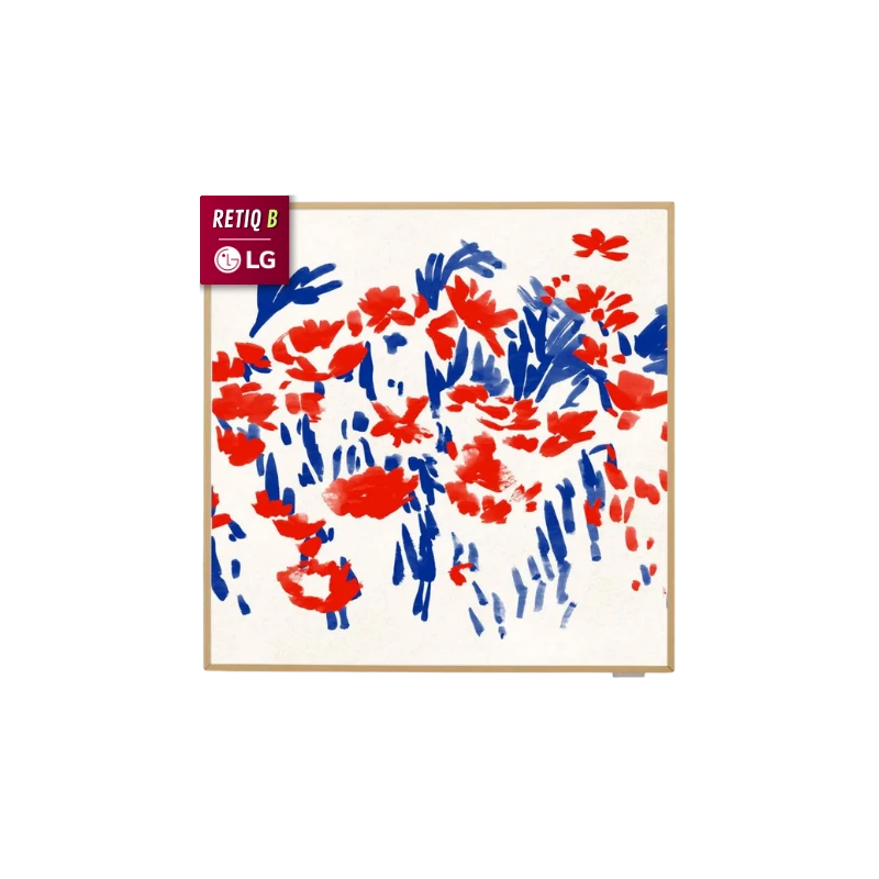 Aire acondicionado LG Gallery Inverter con diseño de flores rojas y azules en un fondo blanco