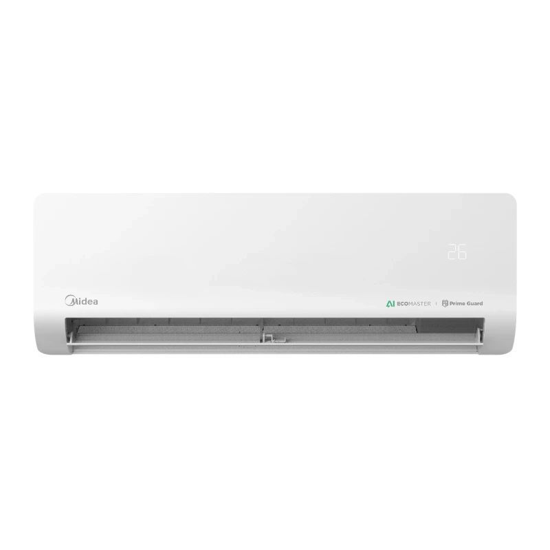 Imagen de un aire acondicionado Midea ECOMASTER PRO blanco con tecnología de eficiencia energética y diseño moderno