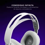 Auriculares blancos con diadema flotante y almohadillas de espuma viscoelástica para máxima comodidad