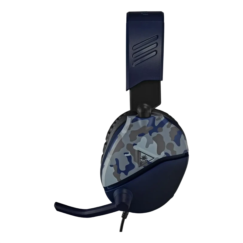 Auriculares gaming con camuflaje azul y gris, tecnología de sonido envolvente y micrófono incorporado