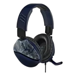Auriculares gaming con camuflaje azul y gris, micrófono incorporado y diseño ergonómico