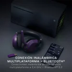Auriculares inalámbricos púrpura con tecnología Bluetooth 5.2 y conexión multiplataforma para gaming