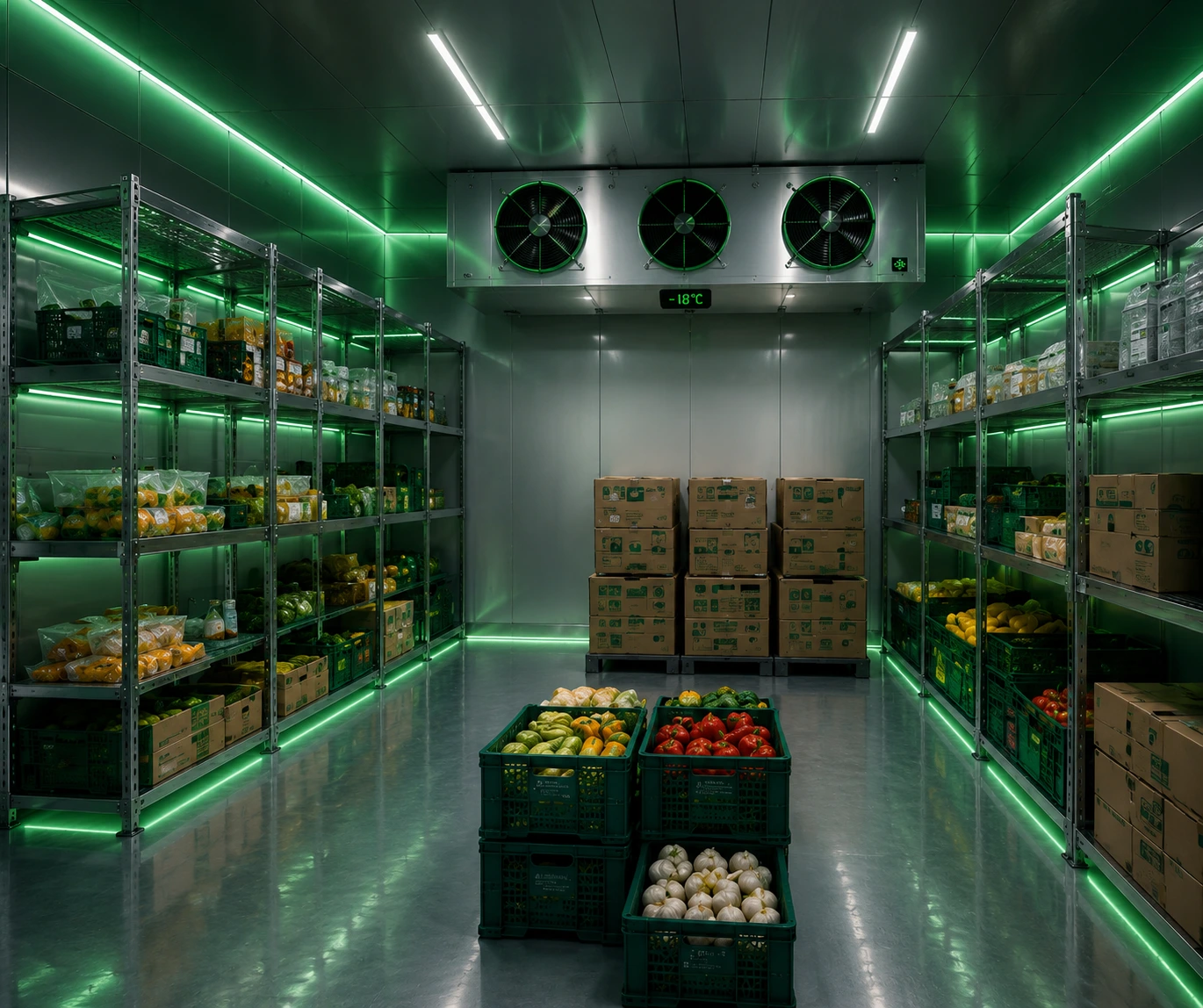 Cámara de frío con frutas y verduras