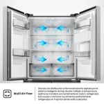 Refrigerador abierto mostrando su interior con flechas azules que indican la circulación del aire frío gracias al sistema Multi Air Flow