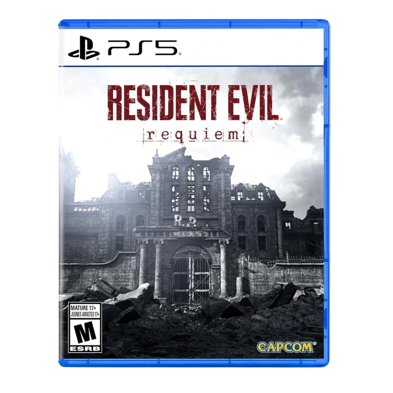 Caja de Resident Evil Requiem para PS5 con una imagen oscura y ominosa de un edificio en ruinas